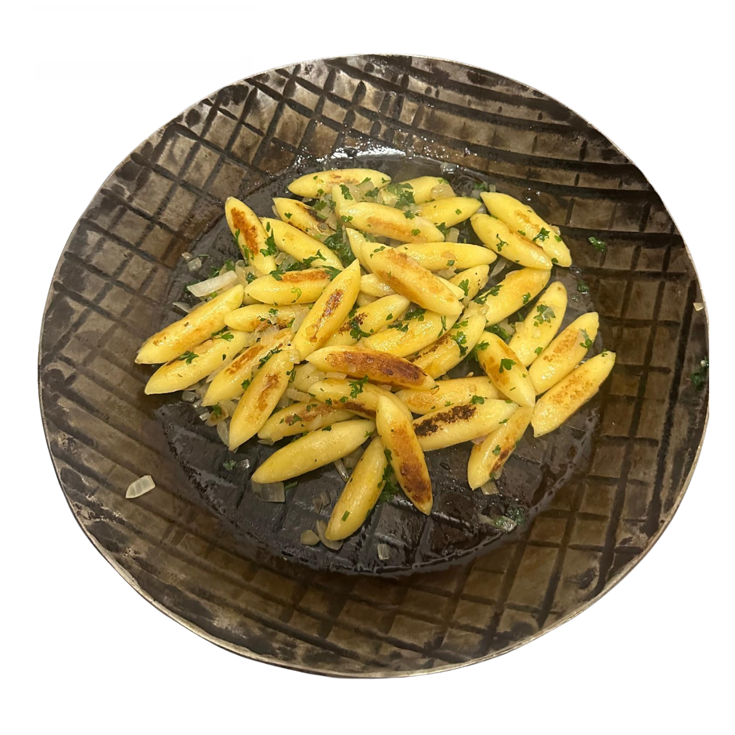 Handgeschmiedete Eisenpfanne mit abnehmbarem Griff – 20 cm Durchmesser, ideal für zwei Portionen, auf Induktion präsentiert